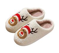 Cozy Christmas Plush Indoor Slippers, Women's Winter Cotton House Shoes with Santa, Reindeer Design, White and Red Warm Fuzzy Slip-On Footwear