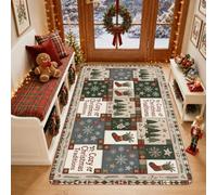 Cozy Christmas Traditions Quote Pine Trees Area Rug 3' X 5' | Patchwork Pattern, Snowflake Motifs, Decorative Stockings, Cozy Winter Theme, Rustic Seasonal Accents
