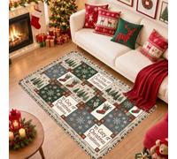 Cozy Christmas Traditions Quote Pine Trees Area Rug 4' X 6' | Patchwork Pattern, Snowflake Motifs, Decorative Stockings, Cozy Winter Theme, Rustic Seasonal Accents