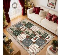 Cozy Christmas Traditions Quote Pine Trees Area Rug 5' X 7' | Patchwork Pattern, Snowflake Motifs, Decorative Stockings, Cozy Winter Theme, Rustic Seasonal Accents