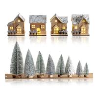Cozy Christmas Village Lighting Set, 4/5 Lighted Houses with Remote Control & 8 Trees, Wood Snowy Town Scene Christmas, for Table, Room, Farmhouse (A-set)