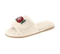 Cozy Christmas Women's Slippers, White Plush Cotton, Open Toe Indoor Outdoor, Flat Non-Slip TPR Sole, Festive Snowflake Santa Design