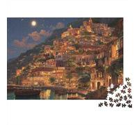 Cozy Coastal Village 1000-Piece Adults Jigsaw Puzzle Hillside Town at Moonlit Night Premium Sturdy Vibrant Challenging Stress Relief 38x26cm/1000pcs