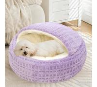 Cozy Cocoon Dog Bed, Hooded Cave Pet Bed for Small Medium Dogs, Fluffy Plush Covered Burrow Nest with Washable Fabric & Non-Slip Base, Anti-Anxiety Cozy Bed for Dogs & Cats (Purple)