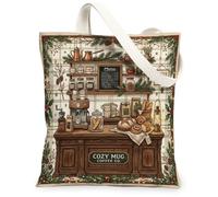 Cozy Coffee Shop Illustration Winter Canvas Tote Bag 13x15 Inch | Rustic Aesthetic, Artisan Bakery Theme, Pine Garland Border, Coffee Culture, Warm Inviting Atmosphere, Daily Carry Accessory