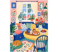 Cozy Cottage Breakfast Nook 500 Piece Jigsaw Puzzle for Adults with Sunny Window, Floral Cushions, Tea Table, Houseplants, Bird Prints, Sleeping Cat, and Colorful Folk Art Garden View Illustration
