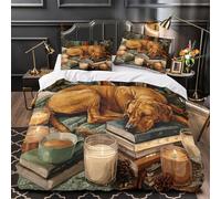 Cozy dog sleeping 3D Pattern Duvet Cover Set 3pcs Microfibre Lightweight Concealed Bookshelf cozy scene Duvet Insert Cover 2 Pillowcases Skin-Friendly Home Decor Kids & Girls Double（200x200cm）