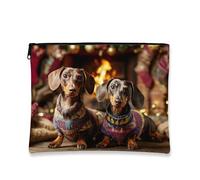 Cozy Dogs Makeup Bag, Cute Pups Holiday Cosmetic Travel Pouch for Women, Portable Small Canvas Zipper Organizer, Christmas Skincare Toiletry Bag, Brown, 7x9 Inch, Dogs