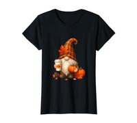 Cozy Fall Gnome Pumpkin Coffee Plaid Autumn Maple Leaves Value Graphic T-Shirt, Women, Black, M