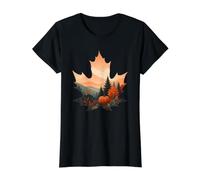 Cozy Fall Maple Leaf Fox Pumpkin Mountain Aesthetic Autumn Value Graphic T-Shirt, Women, Black, XL