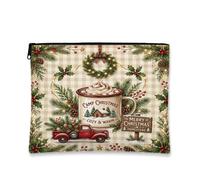 Cozy Farmhouse Christmas Mug Illustration Coffee Makeup Bag 7x9 Inch | Vintage Red Truck, Cosmetic Bag, Rustic Wreath, Farmhouse Plaid, Winter Cabin Theme, Seasonal Travel Organizer