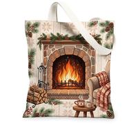 Cozy Fireplace Winter Scene Canvas Tote Bag 13x15 Inch | Warm Fireplace Scene, Cozy Armchair, Knitted Texture Background, Festive Pine Garland, Holiday Home Aesthetic