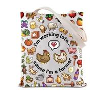 Cozy Gamer Tote Bag I’m Working Late Cause I’m A Farmer Reusable Grocery Shopping Bag Pixel Animal Shoulder Bag (Farmer Tote)