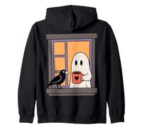 Cozy Ghost Coffee Crow Window Halloween Spooky Season Zip Hoodie