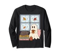 Cozy Ghost Rainy Day Reading Cat Coffee Lover Halloween Long Sleeve T-Shirt