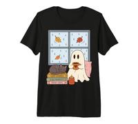 Cozy Ghost Rainy Day Reading Cat Coffee Lover Halloween Premium T-Shirt