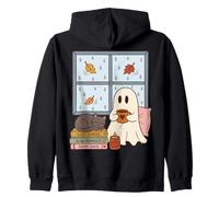 Cozy Ghost Rainy Day Reading Cat Coffee Lover Halloween Zip Hoodie