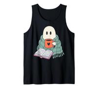 Cozy Ghost Reading Book Coffee Lover Bookish Spooky Season Tank Top