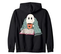 Cozy Ghost Reading Book Coffee Lover Bookish Spooky Season Zip Hoodie