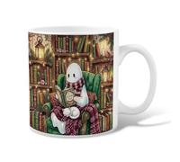 Cozy Ghost Reading Book Illustration Christmas Ceramic Coffee Mug 11oz
