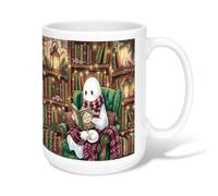 Cozy Ghost Reading Book Illustration Christmas Ceramic Coffee Mug 15oz