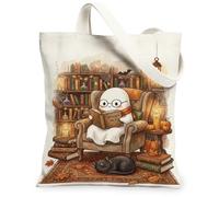 Cozy Ghost Reading Spooky Tales Illustration Canvas Tote Bag 13x15 Inch, Orange, 13x15 Inch