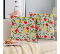 Cozy Haven Hand Embroidery Cushion Covers Set of 2 - Organic Cotton Decorative Square Pillow Cover Luxury Pillowcases for living room, Sofa, Bedroom with Invisible Zipper (45cm x 45cm, Rose & Tulip)