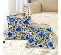 Cozy Haven Hand Embroidery Cushion Covers Set of 2 - Organic Cotton Decorative Square Pillow Cover Luxury Pillowcases for living room, Sofa, Bedroom with Invisible Zipper (45cm x 45cm, Blue Vines)