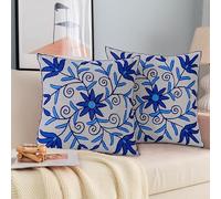 Cozy Haven Hand Embroidery Cushion Covers Set of 2 - Organic Cotton Decorative Square Pillow Cover Luxury Pillowcases for living room, Sofa, Bedroom with Invisible Zipper (45cm x 45cm, Blue Floral)