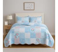 Cozy Haven Quilt Patchwork Bedspread 2 Piece Set - Coverless Quilted Bedspread, Reversible, Lightweight Quilt Comfort with 2 Pillow Sham (Floral Blue, S. King)