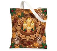 Cozy Holiday Gingerbread And Candle Biscuit Canvas Tote Bag 13x15 Inch | Winter Holiday Theme, Rustic Aesthetic, Warm Candlelight, Cozy Beverage Mugs, Aromatic Cinnamon And Orange Accents