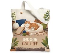 Cozy Indoor Cat Life Illustration Tabby Canvas Tote Bag 13x15 Inch, Beige, 13x15 Inch