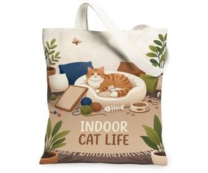 Cozy Indoor Cat Life Illustration Tabby Canvas Tote Bag 13x15 Inch, Beige, 13x15 Inch
