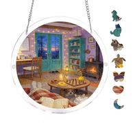 Cozy Indoor Living Space Fireplace Pets 7.8x7.8Inch Round Acrylic Jigsaw Puzzle Suncatcher, Crystal Window Decor Wall Art Ornament, Home Decoration Gift