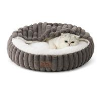 COZY KISS Cat Bed with Blanket 50x50x15cm - Small Cat Beds for Indoor Cats, Round Cat Cave Sofa with Non-Slip Bottom, Warm Anxiety Relief Cave with Head Support, Soft Faux Fur, Washable, Grey