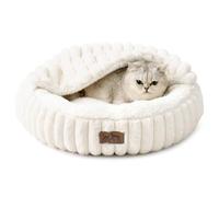 COZY KISS Cat Bed with Blanket - Small Cat Beds for Indoor Cats, Round Small Dog Bed Sofa with Non-Slip Bottom, Warm Anxiety Relief Cave with Head Support, Soft Faux Fur, Washable, Cream, 58x58x15cm