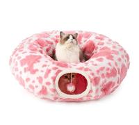 COZY KISS Cat Tunnel Bed for Indoor Cats, 33.5"D Large Cat Donut Tunnel with Washable Circle Cushion, Round Pet Play Tunnel Tube Toy for Kitten/Puppy/Rabbits (Pink & White)