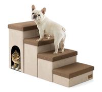 COZY KISS Dog Steps for Small Dogs with Storage&Hole, Foldable Pet Stairs with Leakproof Cover for Bed, Older Cat Ramp for Sofa Chair Couch, Lightweight, Comfort, 43x17x22.8 inch, 4 Tiers, Brown