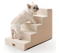 COZY KISS Wide Dog Stairs for Bed & Sofa, Non-Slip Dog Steps for Small & Medium Dogs, Washable Pet Steps with Removable Cover, Supportive Foam 5-Step Pet Stairs for Older Dogs, Cats, Beige, 75x50x60cm