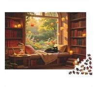 Cozy Library Cat Window 1000 Piece Jigsaw Puzzle Paper for Adults Relaxing Home Decor Gift Focus Game for Family 38x26cm/1000pcs