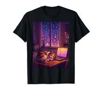 Cozy Lofi Cat Pixel Art Laptop Coffee Rainy Night Aesthetic T-Shirt