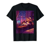 Cozy Lofi Pixel Art Cat Laptop Sleeping Rainy Night Coffee T-Shirt