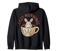 COZY MORNINGS Cute Bunny Coffee Cup Rabbit Zip Hoodie