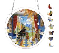 Cozy Music Room with Cats Autumn Mountain Scenery 7.8x7.8Inch Round Acrylic Jigsaw Puzzle Suncatcher Hanging Wall Decor, Home Crystal Window Art Ornament, Home Decoration Gift