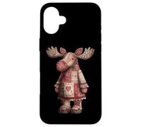 Cozy Patchwork Moose With Heart Rustic Winter Case for iPhone 16 Plus