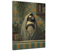 Cozy Penguin Bath Canvas Wall Art, Blue Green Animal Print, Fanciful Home Decor for Living Room, Bedroom, Bathroom, Kitchen, Wrapped Canvas 12x16 Inch