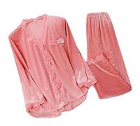 Cozy Pjs for Women 2Pcs Pajamas Underwear Ladies' Solid Color Thickened Open Gold Velvet Long Sleeved Cardigan Set Nightwear Outfits (Pink, M)