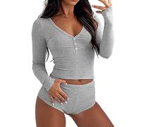 Cozy Pjs for Women 2Pcs Pajamas Underwear Women 2 Outfits Loungewear Sets Matching Long Sleeve Shirt Crop Top Shorts Pyjamas Set Underwear Clothes (Grey, M)