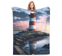 Cozy Plush Throw Blankets Beach Blankets,Striped Lighthouse Rocks Sunset Glow, Halloween Valentine'S Day Gift For Blanket, Applicable To Gifts Bedding Quilt Home Decor For Couch50 X40
