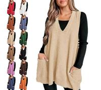 Cozy Pocket Sweater Vest, Solid Color Oversized Sweater Vest, Womens Casual Sleeveless Ribbed V Neck Knit Vest (Apricot,L)